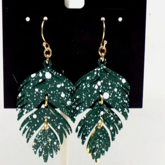 Alfani Gold-Tone Palm Leaf Drop Earrings Green White Articulated 2-3/8" Long - Picture 2 of 3